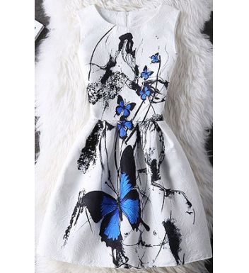 Round Collar Floral Print Sleeveless Dress For Women 