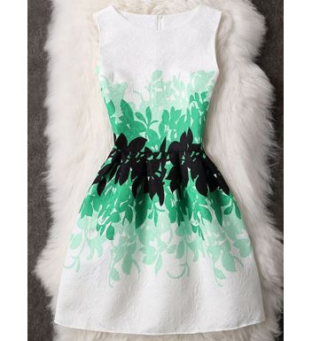 Leaves Pattern Waisted Zippered Dress